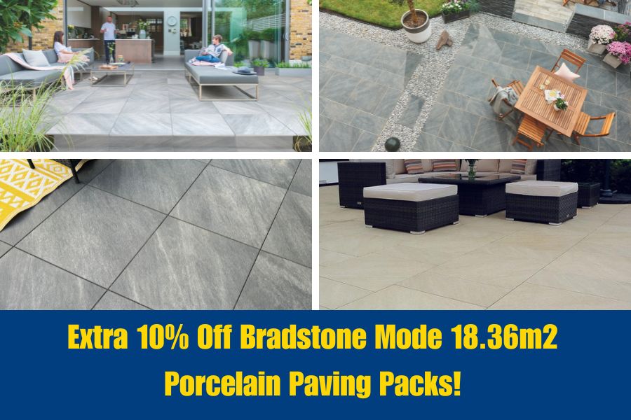 Images of patios featuring four different styles of Bradstone Mode profiled porcelain paving